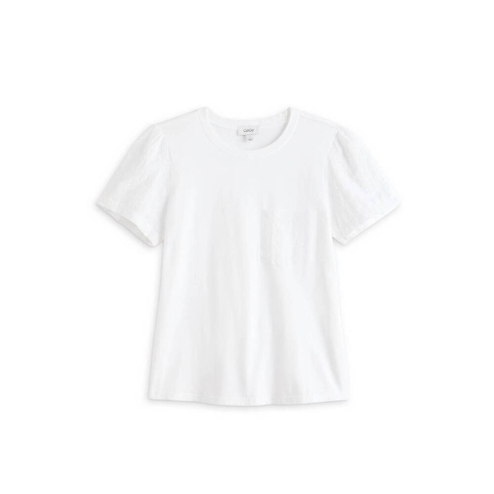 NEW CECE women's maila eyelet sleeve t-shirt with patch pocket in ultra white